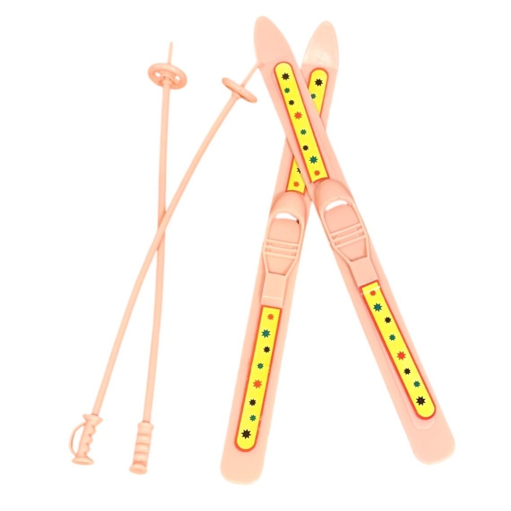 Vintage Barbie Doll Pink Skis and Poles Accessory Set Starburst Decals snow skii